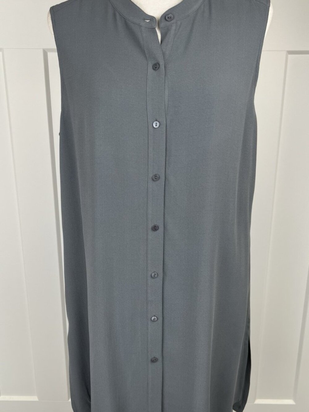 Eileen Fisher Silk Tunic Top L Gray Sleeveless Button Front High Low Sheer